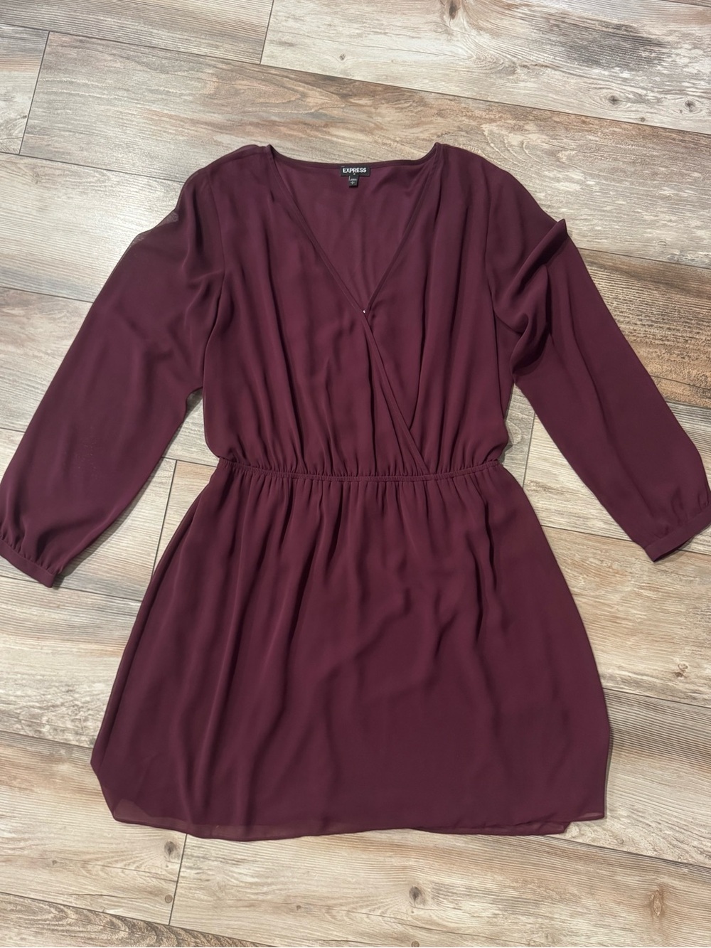 Express Burgundy Faux Wrap-Front Long-Sleeve Dress